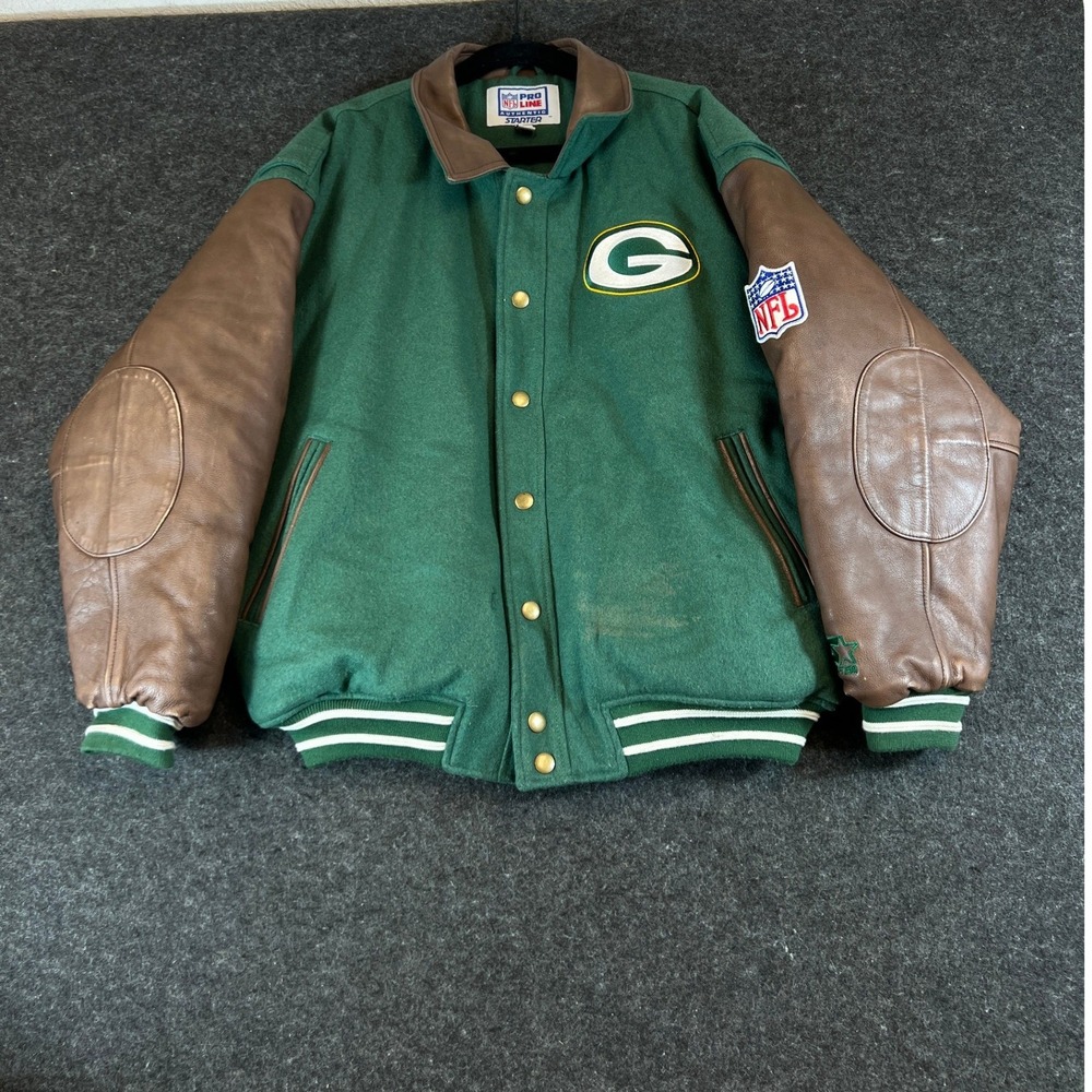 Vintage 90s NFL Green Bay Packers Wool Leather Varsity Jacket Mens Large